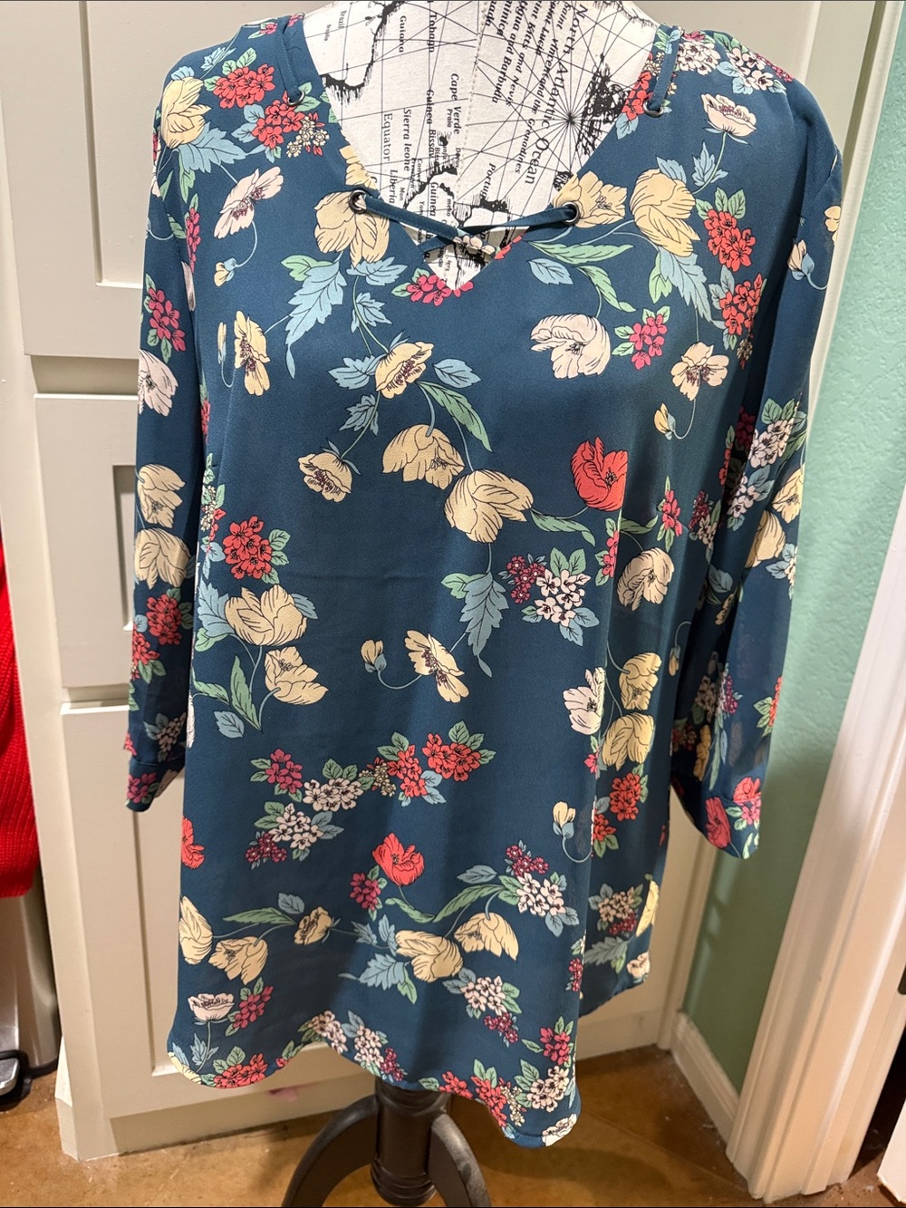 Maurices Teal Floral V-Neck Tunic with Yellow and Coral Blooms